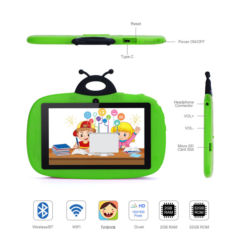 C fikir Çift Kamera WiFi 7 Inch Tablet PC Android Çocuklar Küçük Çocuk Öğrenme için 128GB Case Kids App ile CM76 Yeşil