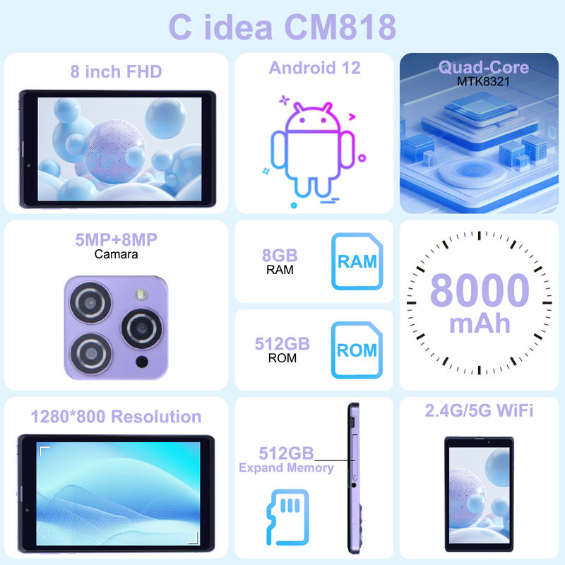 C Idea Portable 8 In Android Tablet PC 8GB RAM 512 GB Android 12 Tablet IPS HD Ekran Dört çekirdekli CM818-Purple