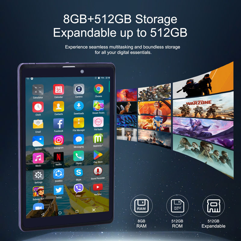 C Idea Portable 8 In Android Tablet PC 8GB RAM 512 GB Android 12 Tablet IPS HD Ekran Dört çekirdekli CM818-Purple