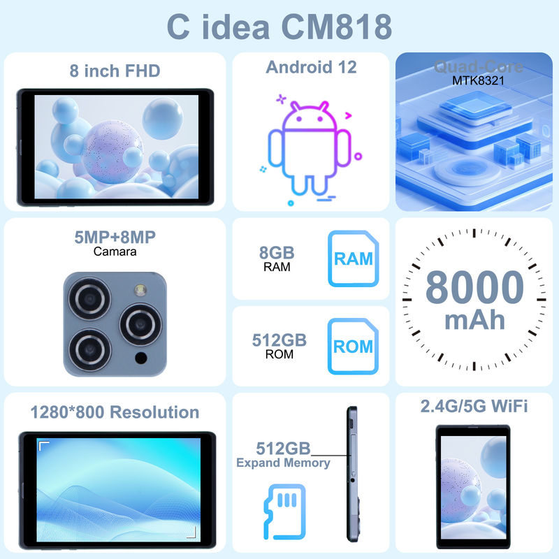 C fikir Android Tablet PC Çift Kamera 8 Inch 1280x800 IPS HD Ekran Öğrenci için Android 12 Tabletler CM818-Grey