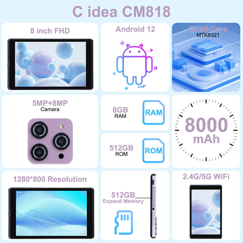 C fikir 8 inç Android 12 Tablet 8000mAh Pil 5+8MP Kamera 8GB RAM 512GB ROM Eğitim Öğrenme için CM818-pembe