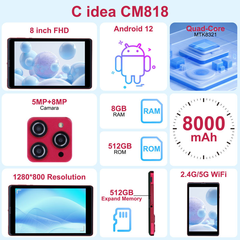 C fikir 8 inç Android 12 Tablet 8GB RAM 512GB ROM 8000mAh Pil 5+8MP SIM Destekli Öğrenci Kamera CM818-kırmızı