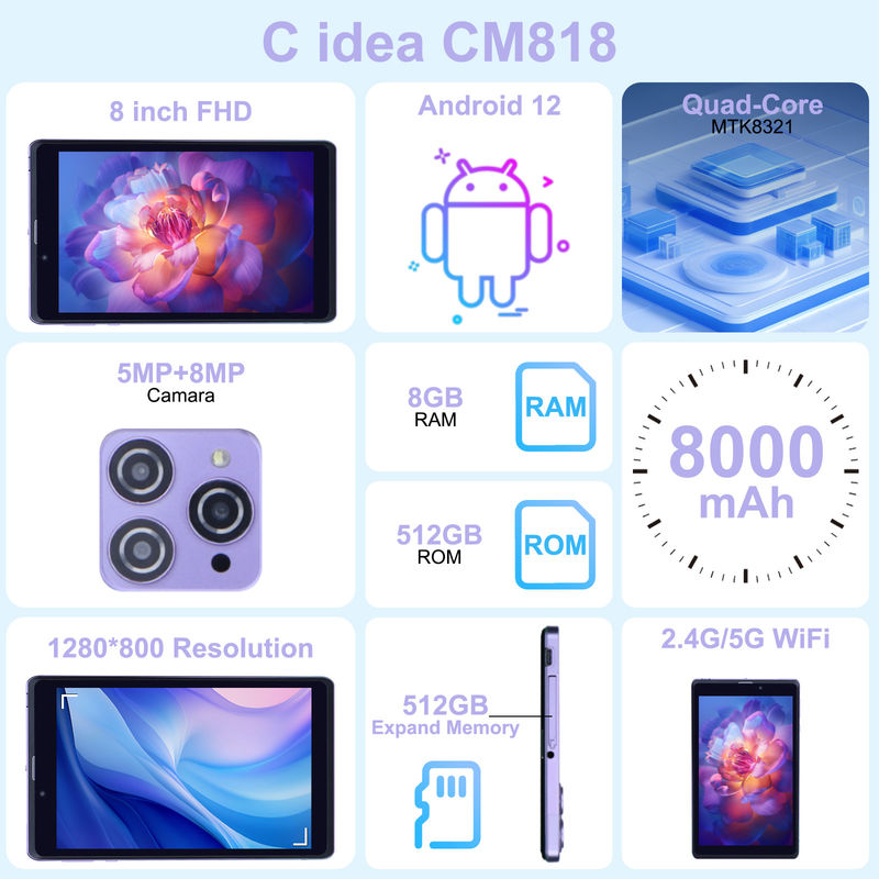 C Idea Portable 8 In Android Tablet PC 8GB RAM 512 GB Android 12 Tablet IPS HD Ekran Dört çekirdekli CM818-Purple