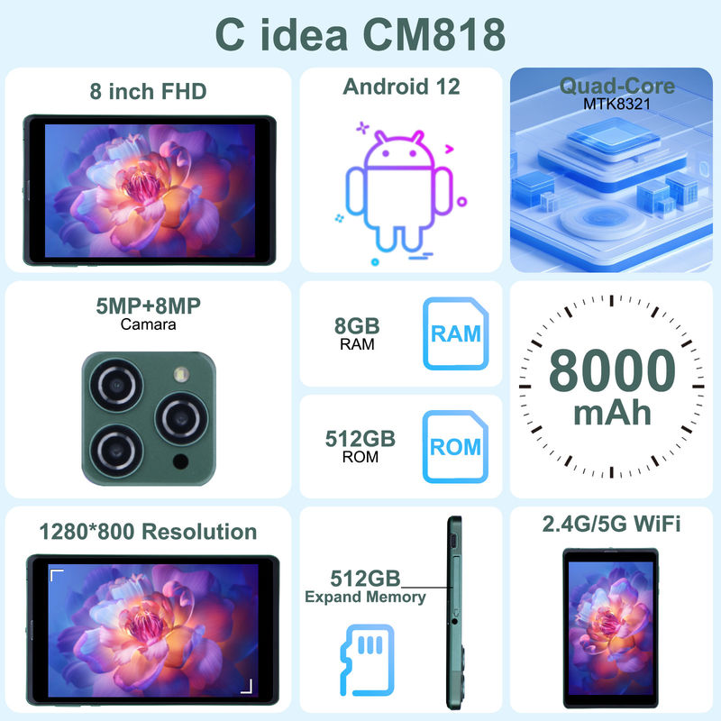 C fikir Android 12 Quad Core CPU 8GB RAM 512GB Depolama IPS HD Ekran CM818-Yeşil ile taşınabilir 8 Inch Android Tablet PC