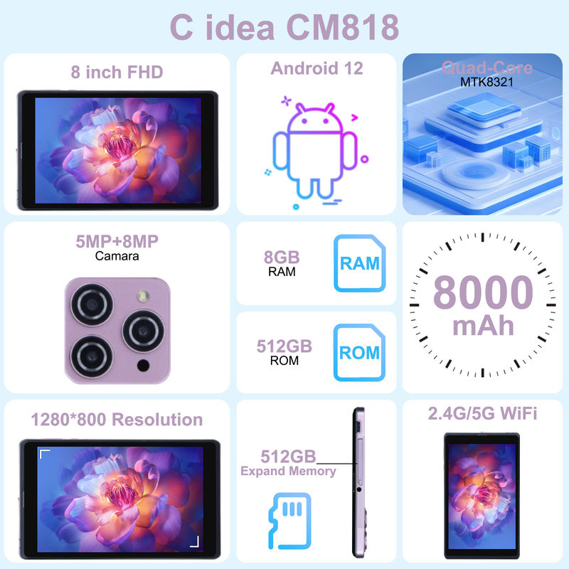 C Idea 8 Inch Android 12 Tablet 8000mAh Pil 5MP+8MP Kamera 8GB RAM 512GB ROM Eğitim Öğrenme için CM818-pembe