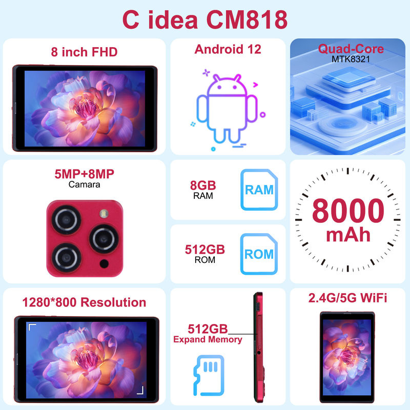 C fikir 8 inç Android 12 Tablet 8GB RAM 512GB ROM 8000mAh Pil 5+8MP Gençler için kamera SIM desteği ile CM818-kırmızı