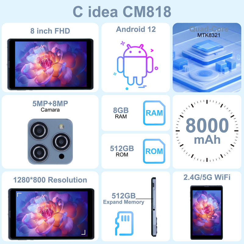 C fikir Android Tablet PC Çift Kamera 8 Inch 1280x800 IPS HD Ekran Gençler için Android 12 Tabletler CM818-Grey