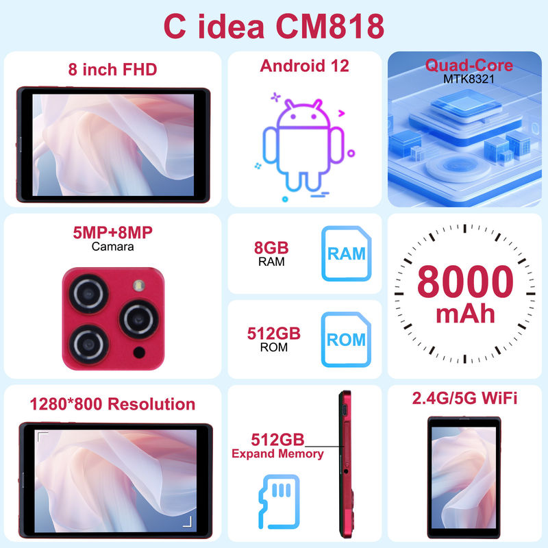 C fikir 8 inç Android 12 Tablet 8GB RAM 512GB ROM 8000mAh Pil 5+8MP SIM Destekli Öğrenci Kamera CM818-kırmızı