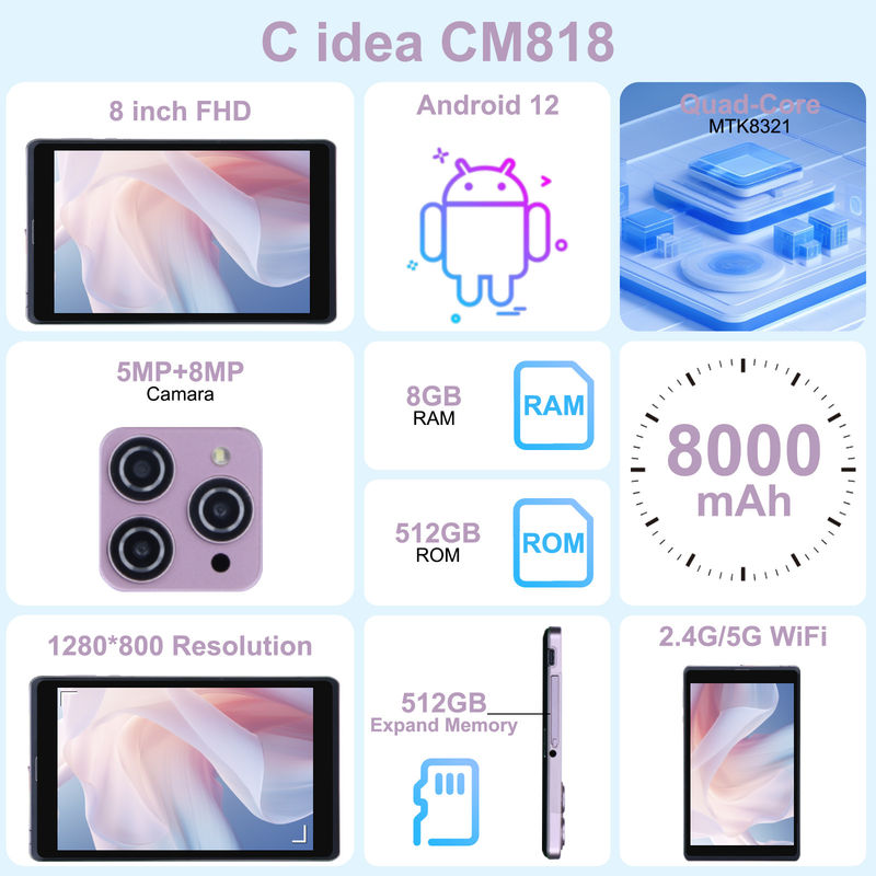 C fikir 8 inç Android 12 Tablet 8000mAh Pil 5+8MP Kamera 8GB RAM 512GB ROM Eğitim Öğrenme için CM818-pembe
