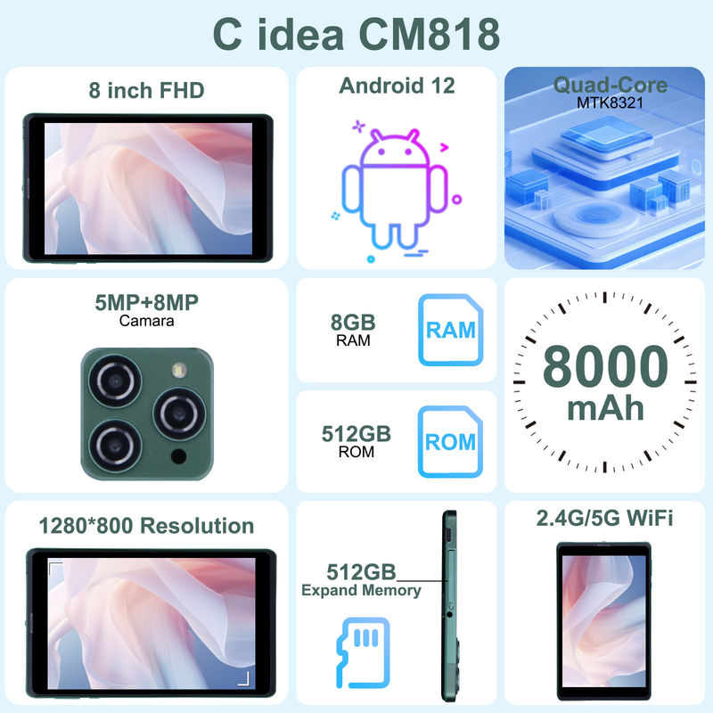 C fikir 8 Inch Android Tablet PC Android 12 işletim sistemi ile Dört çekirdekli CPU 8GB RAM 512GB Depolama IPS HD Ekran CM818-Yeşil