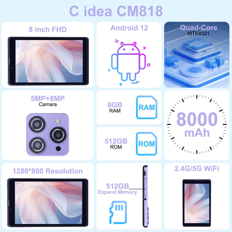 C Idea Portable 8 In Android Tablet PC 8GB RAM 512 GB Android 12 Tablet IPS HD Ekran Dört çekirdekli CM818-Purple