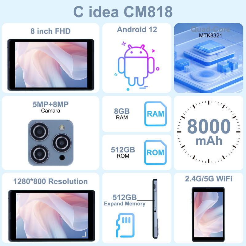 C fikir Android Tablet PC Çift Kamera 8 Inch 1280x800 IPS HD Ekran Öğrenci için Android 12 Tabletler CM818-Grey
