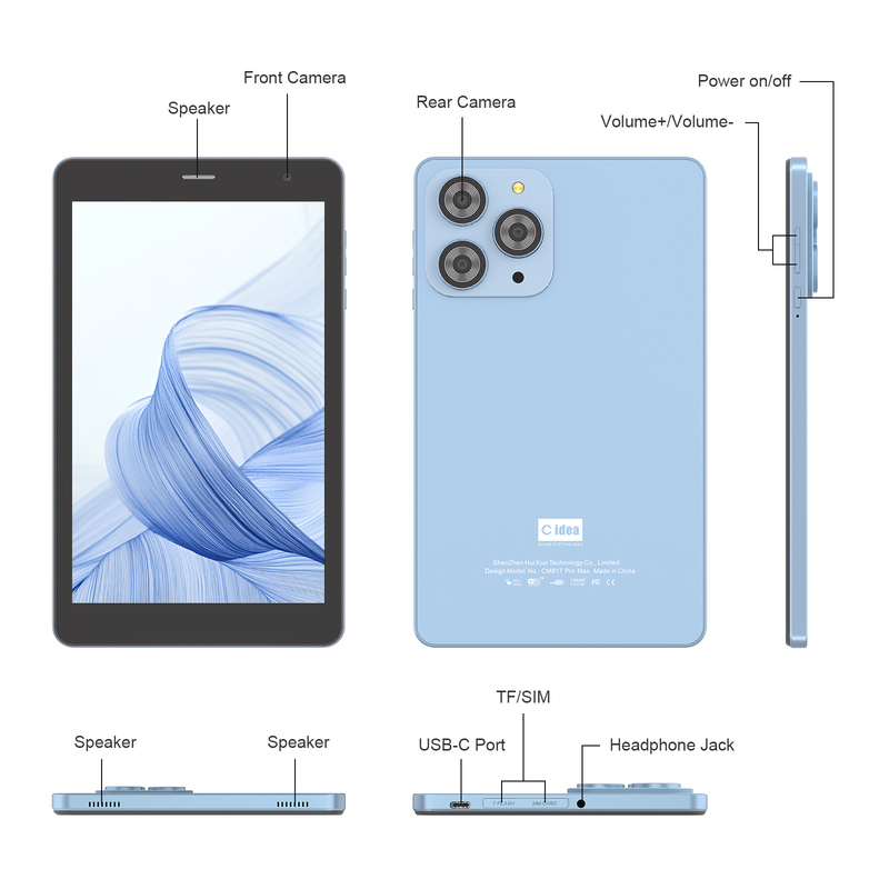 C idea 8 inç Wifi Tablet, 8+512GB Depolama, Dört Çekirdekli İşlemci, 800x1280 IPS Dokunmatik Ekran, mavi CM817 Pro