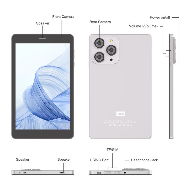 C idea 8 inç Wifi Tablet, 8+512GB Depolama, Dört Çekirdekli İşlemci, 800x1280 IPS Dokunmatik Ekran, gümüş CM817 Pro