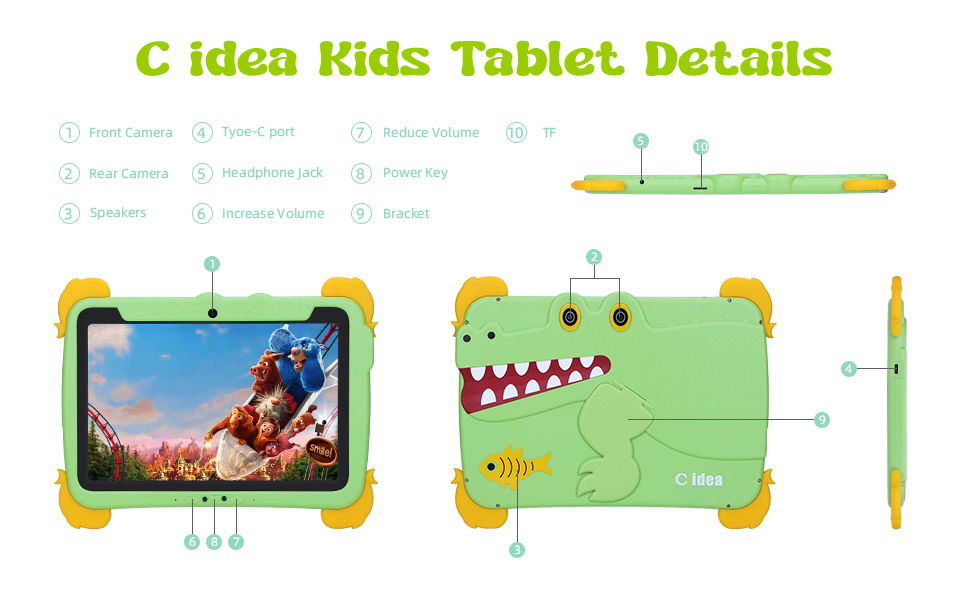 C fikir Çocuk Tab 10.1 inç Android 13 Tablet Çocuk için 4GB RAM 64GB ROM Göz Koruması 3-8 yaş arası çocuklar için dokunmatik ekran